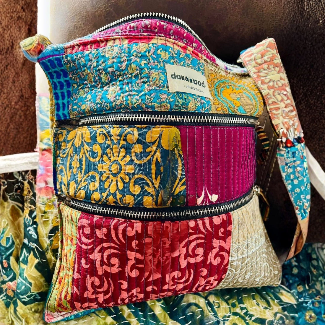 Multicolor artisan cotton crossbody bag with a boho hippie aesthetic.