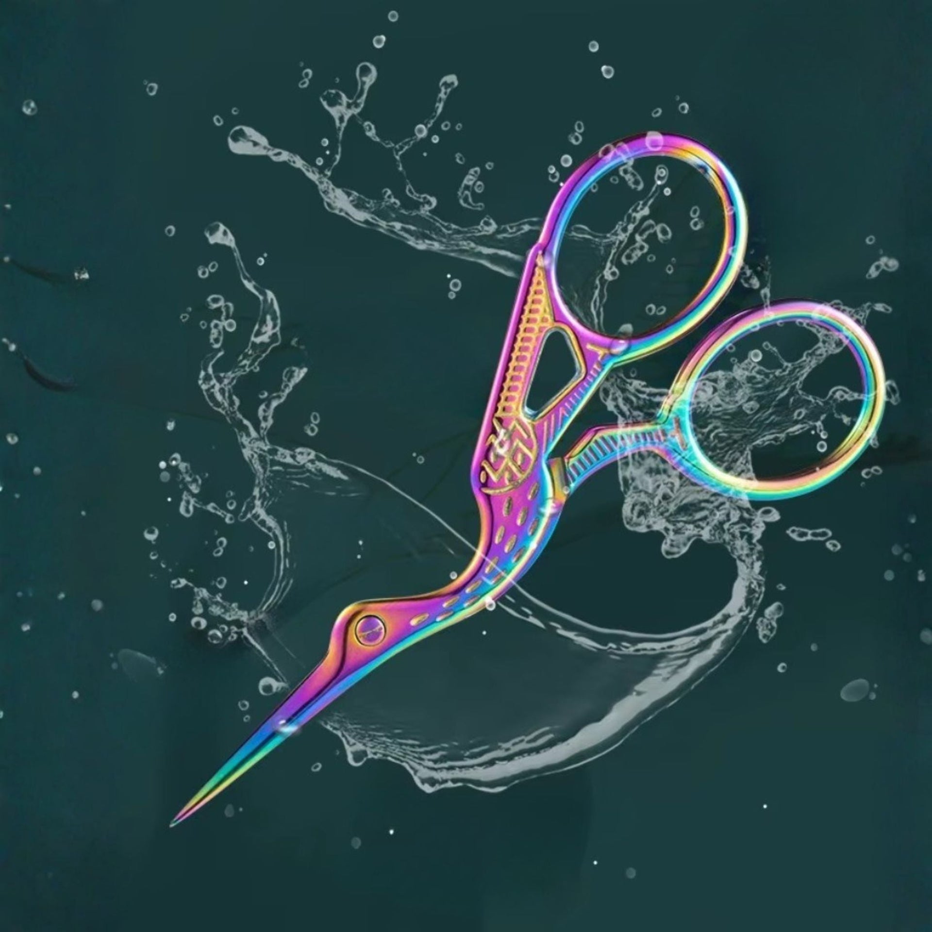 Close up of 3.75 inch rainbow finish crane-shaped embroidery scissors.