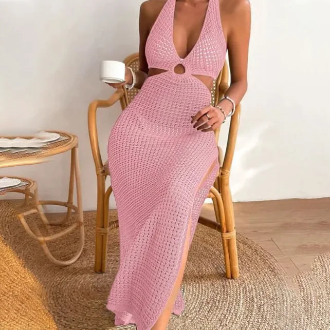 Women's Crochet Halter Maxi Beach Cover Up Dress with Side Slit - Image 6