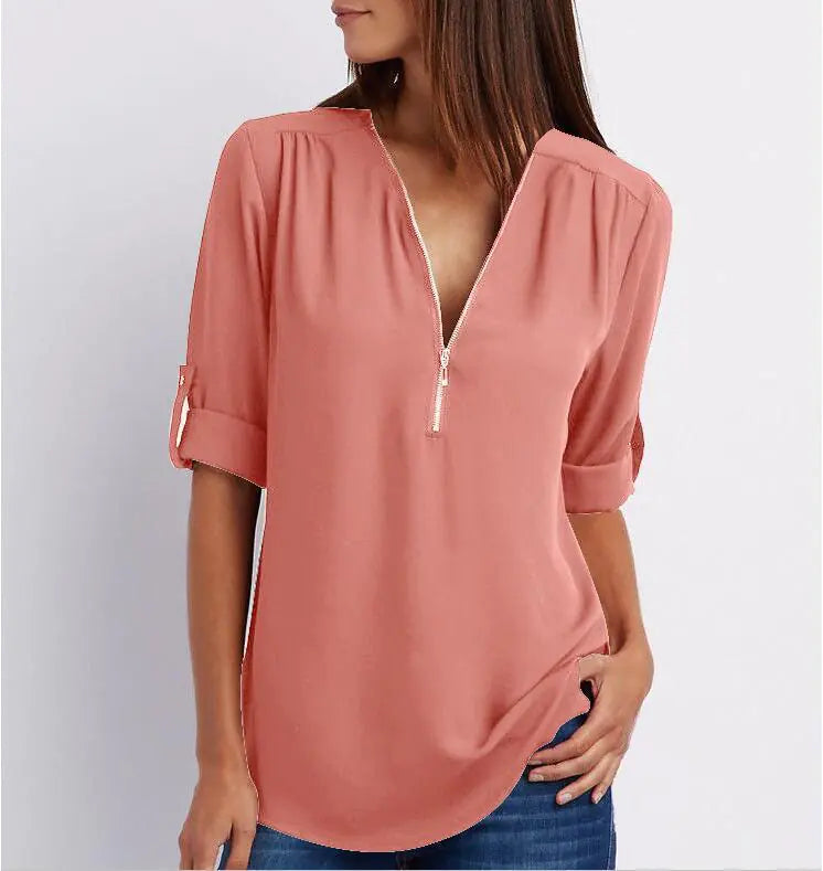 Women's Plus Size V-Neck Zip Chiffon Shirt