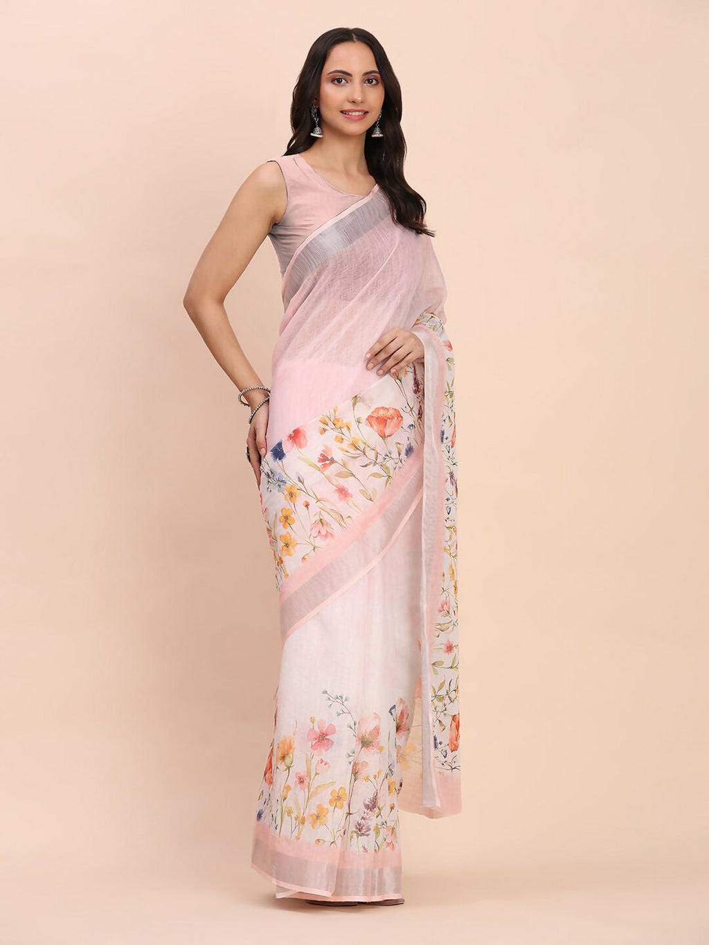 Light pink linen cotton saree with coordinating blouse fabric