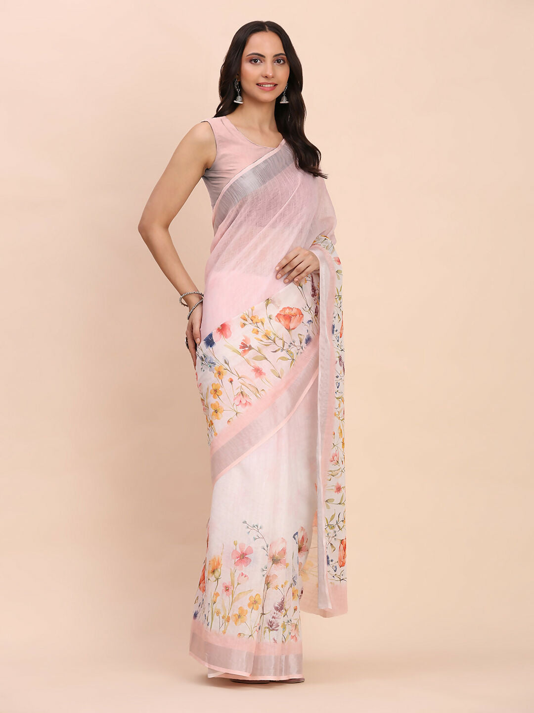 Light pink linen cotton saree with coordinating blouse fabric