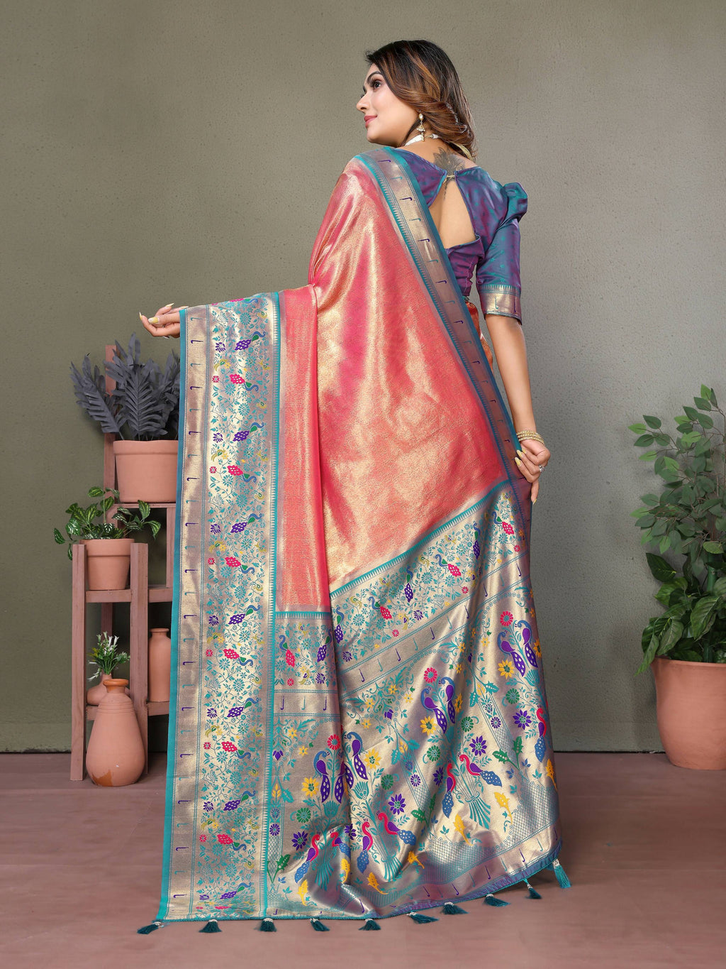 Dusty Pink Tissue Silk Paithani Woven Saree for Weddings