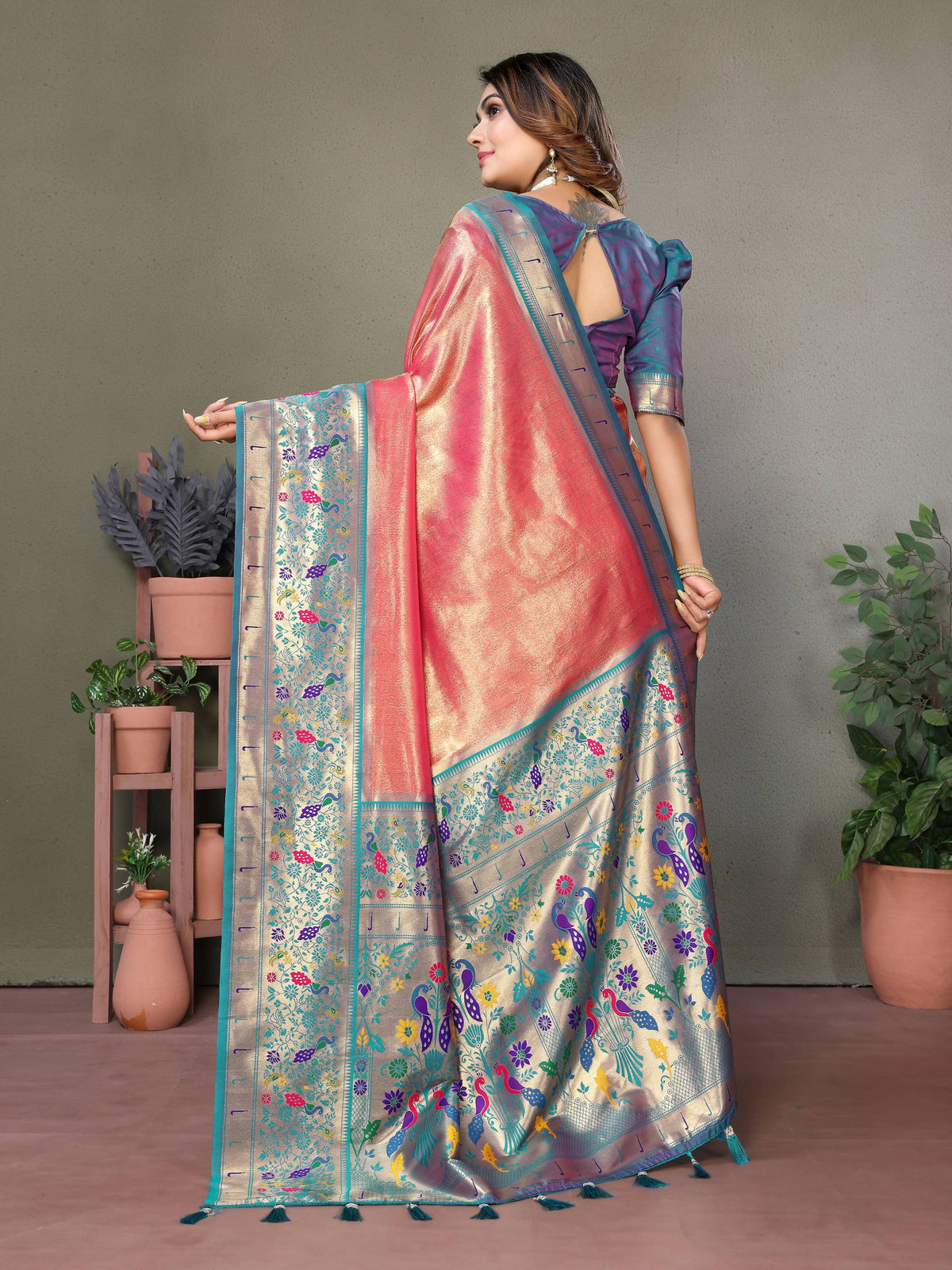 Dusty Pink Tissue Silk Paithani Woven Saree for Weddings