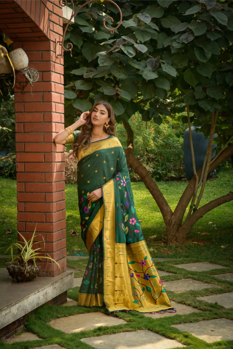 Elegant Bottle Green Paithani Silk Saree with Zari woven design and matching blouse
