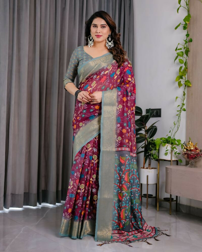 PR Fashion Purple Pure Handloom Linen Saree