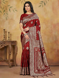 Classic maroon silk blend saree, showcasing its deep color and smooth texture.