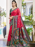 Classic red Pochampalli silk saree with a contrasting Rama blouse.