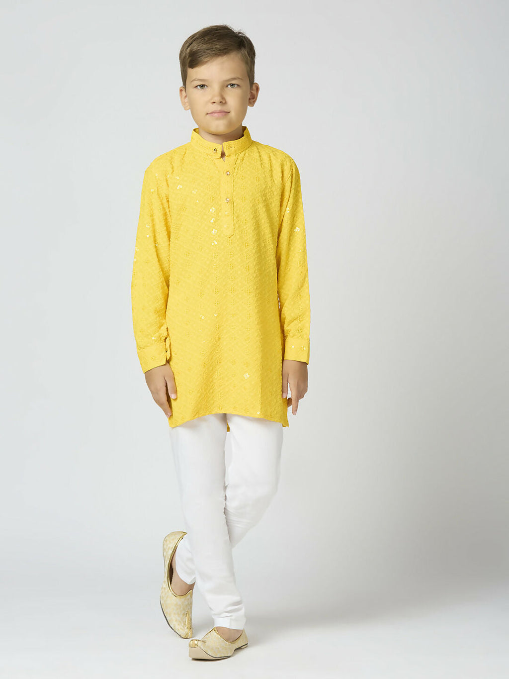 Kids Yellow Cotton Kurta and Pyjama Set with Sequin Work