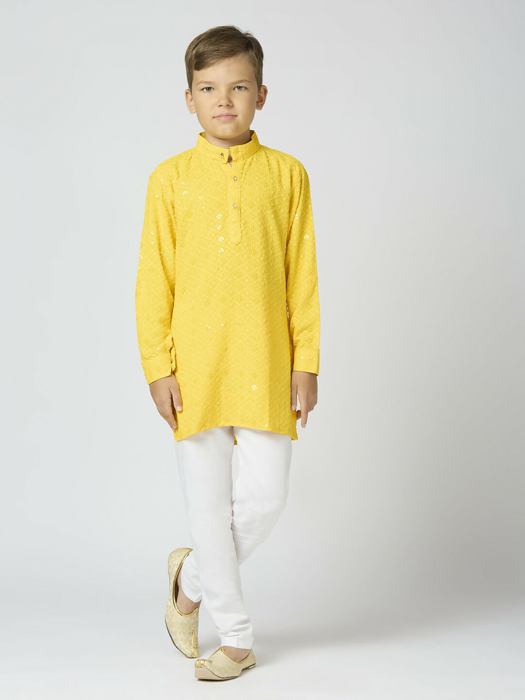 Kids Yellow Cotton Kurta and Pyjama Set with Sequin Work