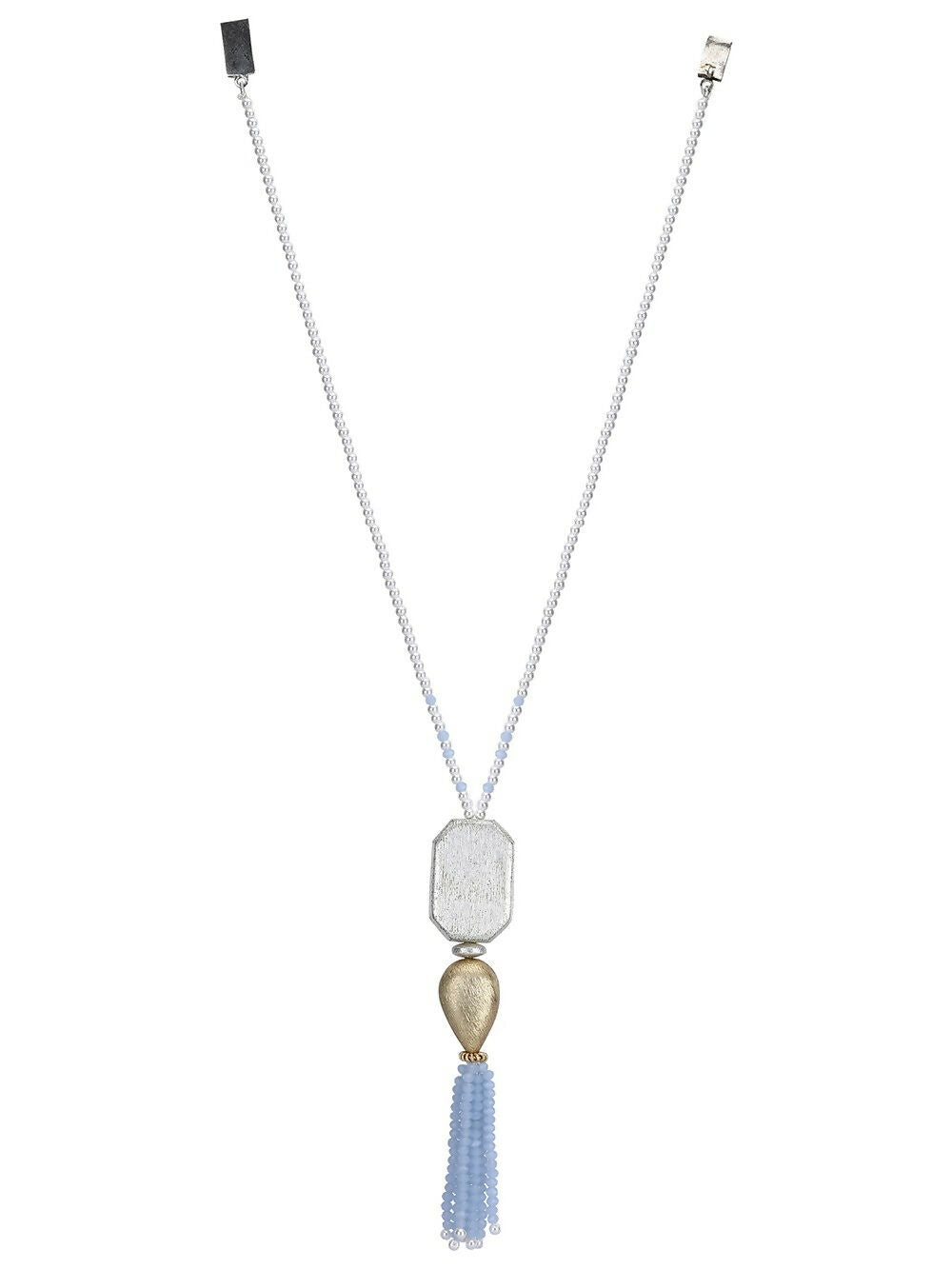 Long Silver Tone Brass Statement Necklace with Intricate Patterns