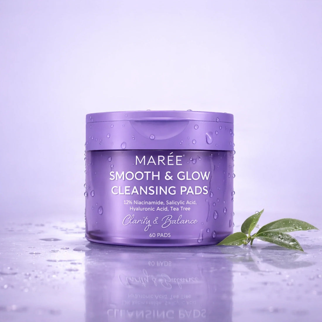 A purple jar of 12% Niacinamide Smooth and Glow Cleansing Pads with 60 count, featuring key ingredients on the label.