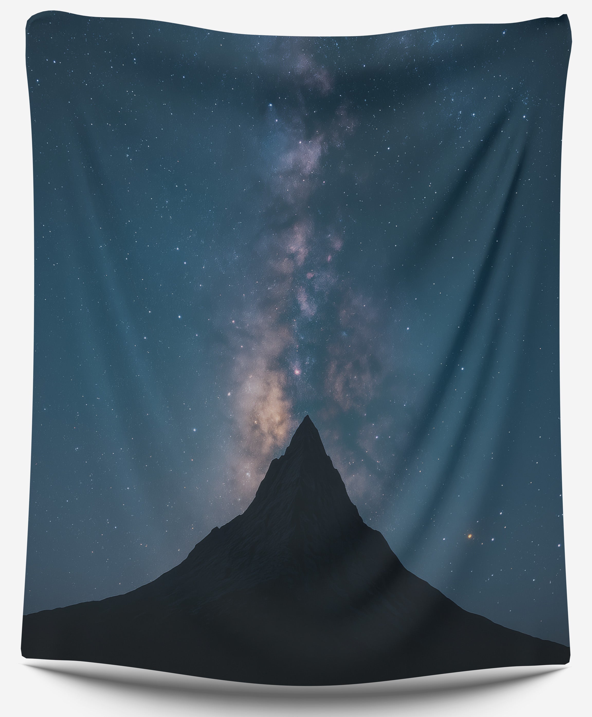 A modern Nightspire tapestry featuring a mountain peak against a navy blue and black celestial Milky Way sky.