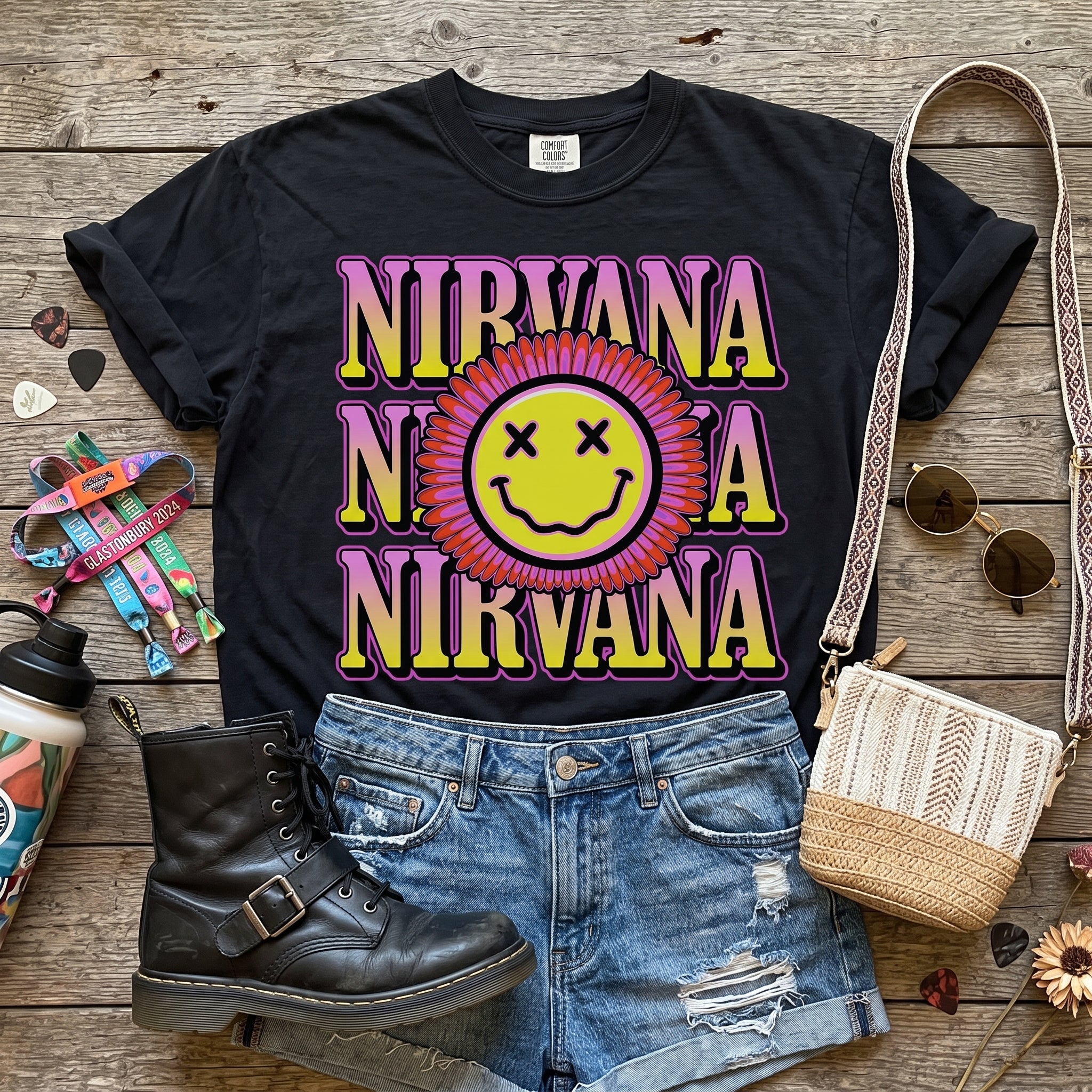 Nirvana Flower Smiley Face Tee or Sweatshirt