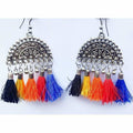 Multi-color thread tassel hanging earrings with ethnic aesthetic