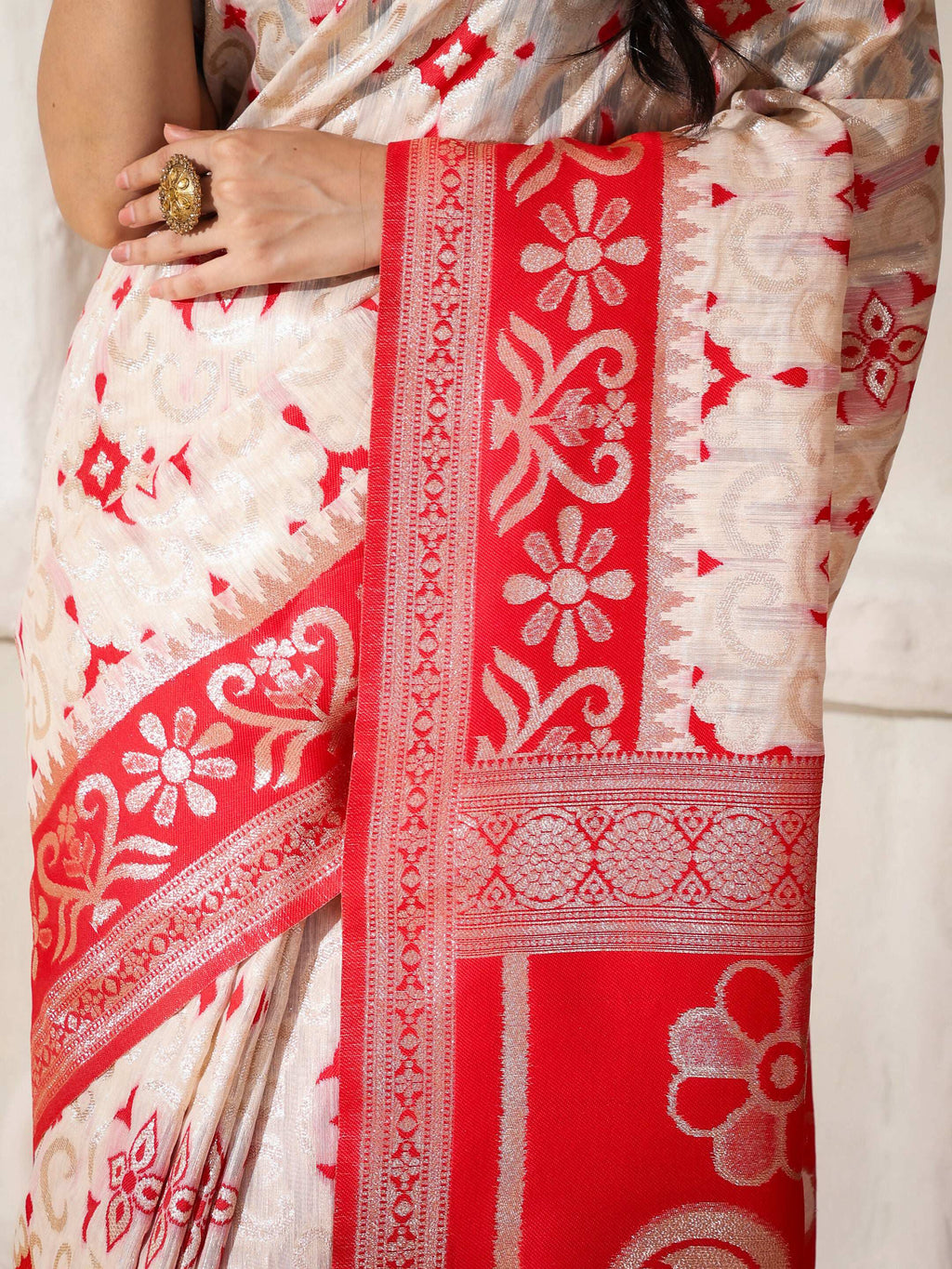 Linen Cotton Red and White Saree with Matching Blouse