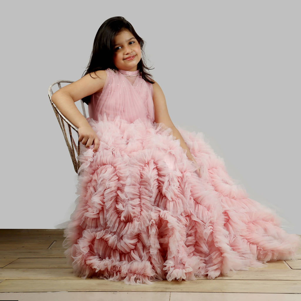 Old Rose Girls Gown with Pleated Chest and Frill Ghera