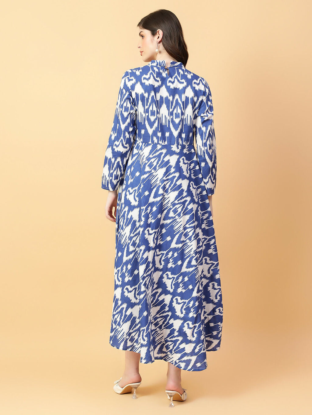 Blue Cotton Printed Dress with Hand Work - Ethnic Fusion Style
