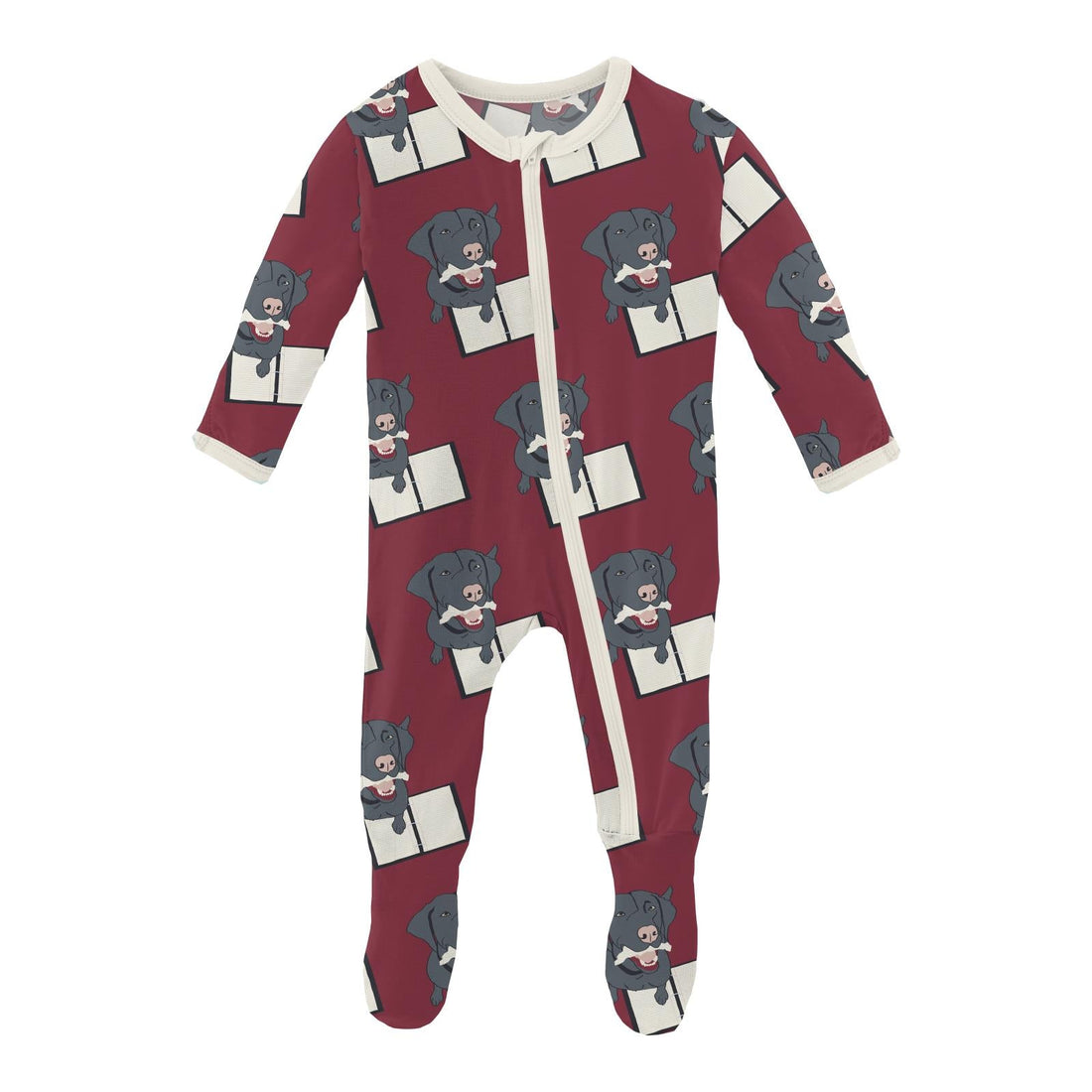 Baby footie pajama in deep red Wild Strawberry color featuring a repeating black lab dog print with a zipper closure.