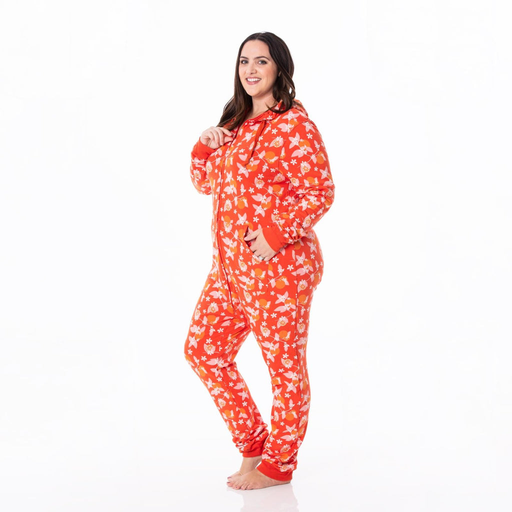 Print Adult Fleece Jumpsuit with Hood in Poppy Orange Blossom