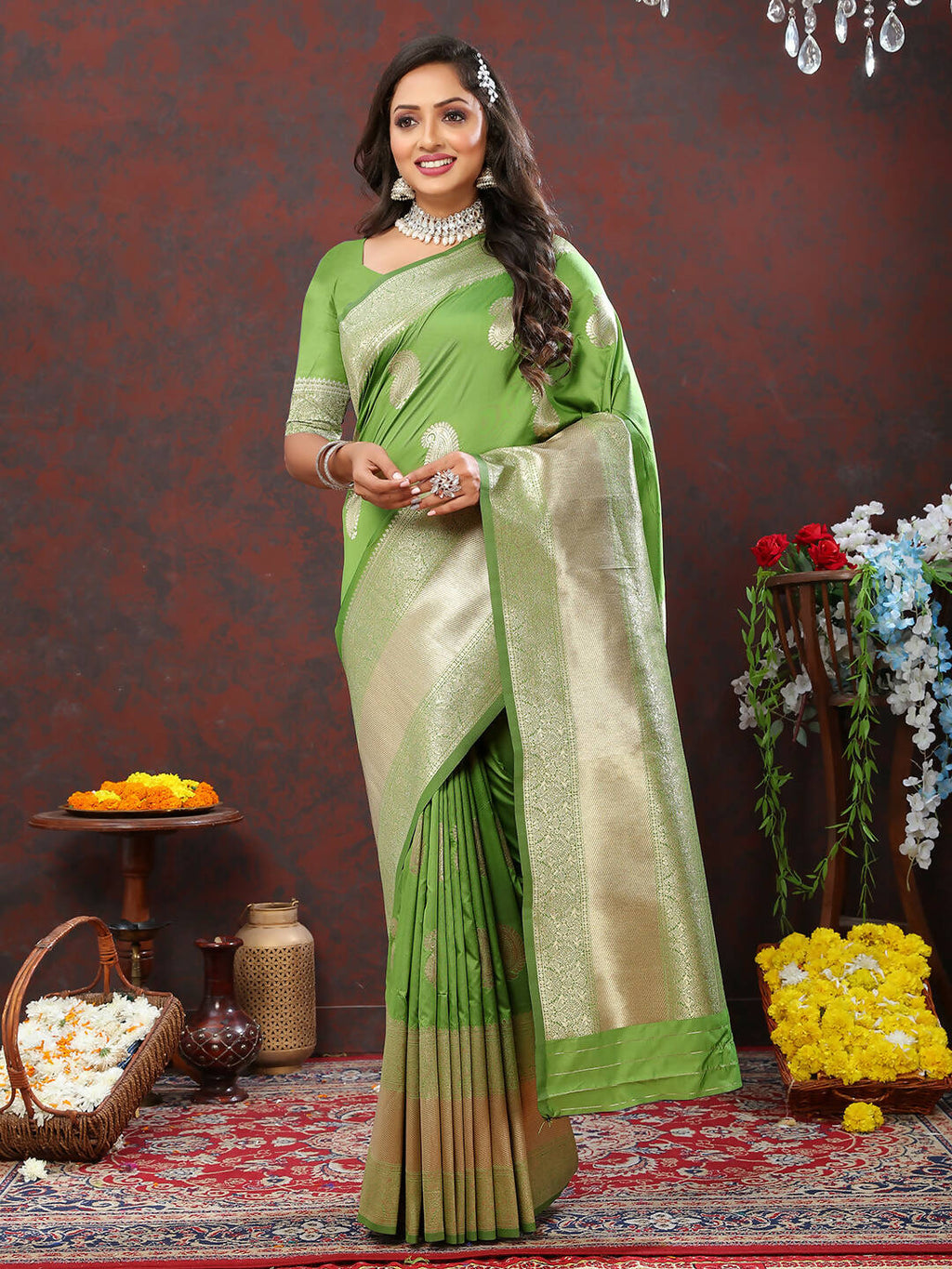 Parotgreen soft silk saree with gold zari weaving and matching blouse