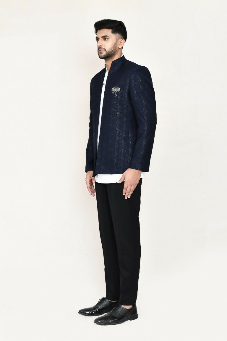 Men's White Imported Jacquard Open Prince Coat and Kurta Set