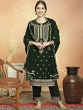 Green velvet straight kurta with cording, sequin, and Resham embroidery, including trousers.