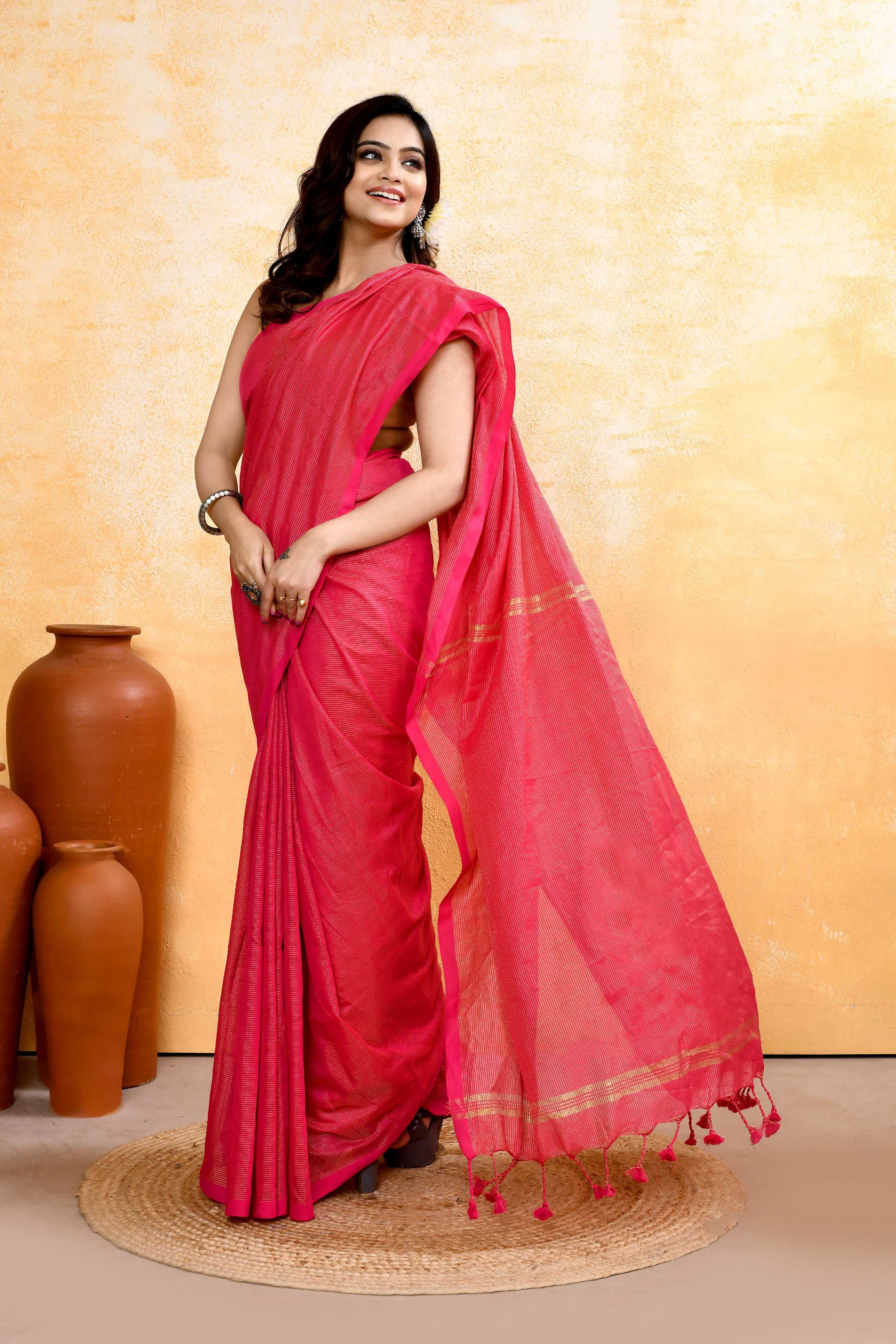 Rani Pink Embellished Cotton Blend Zari Check Handloom Saree