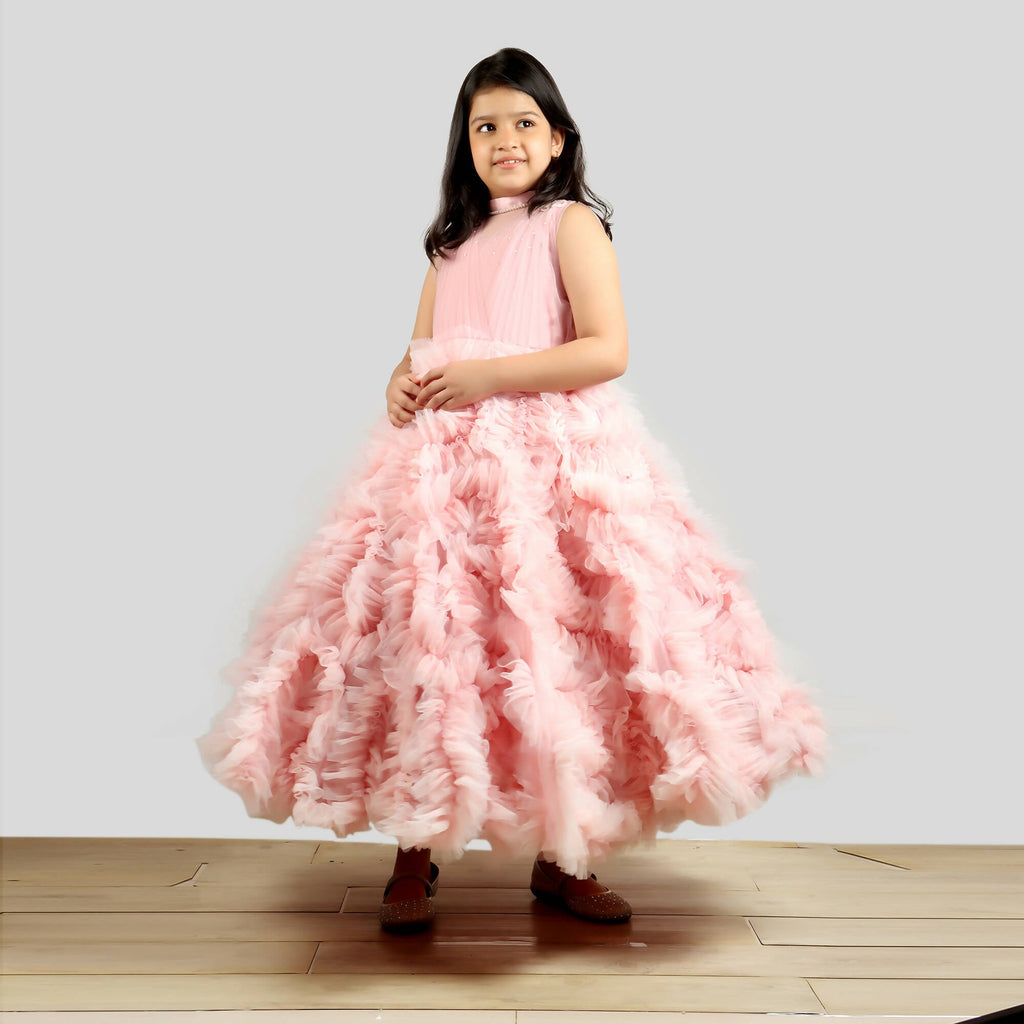 Old Rose Girls Gown with Pleated Chest and Frill Ghera