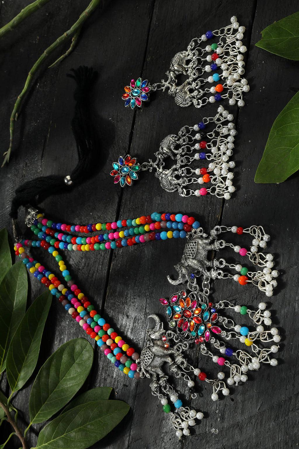 Multi-Color Elephant Design Choker in Silver-Plated Finish