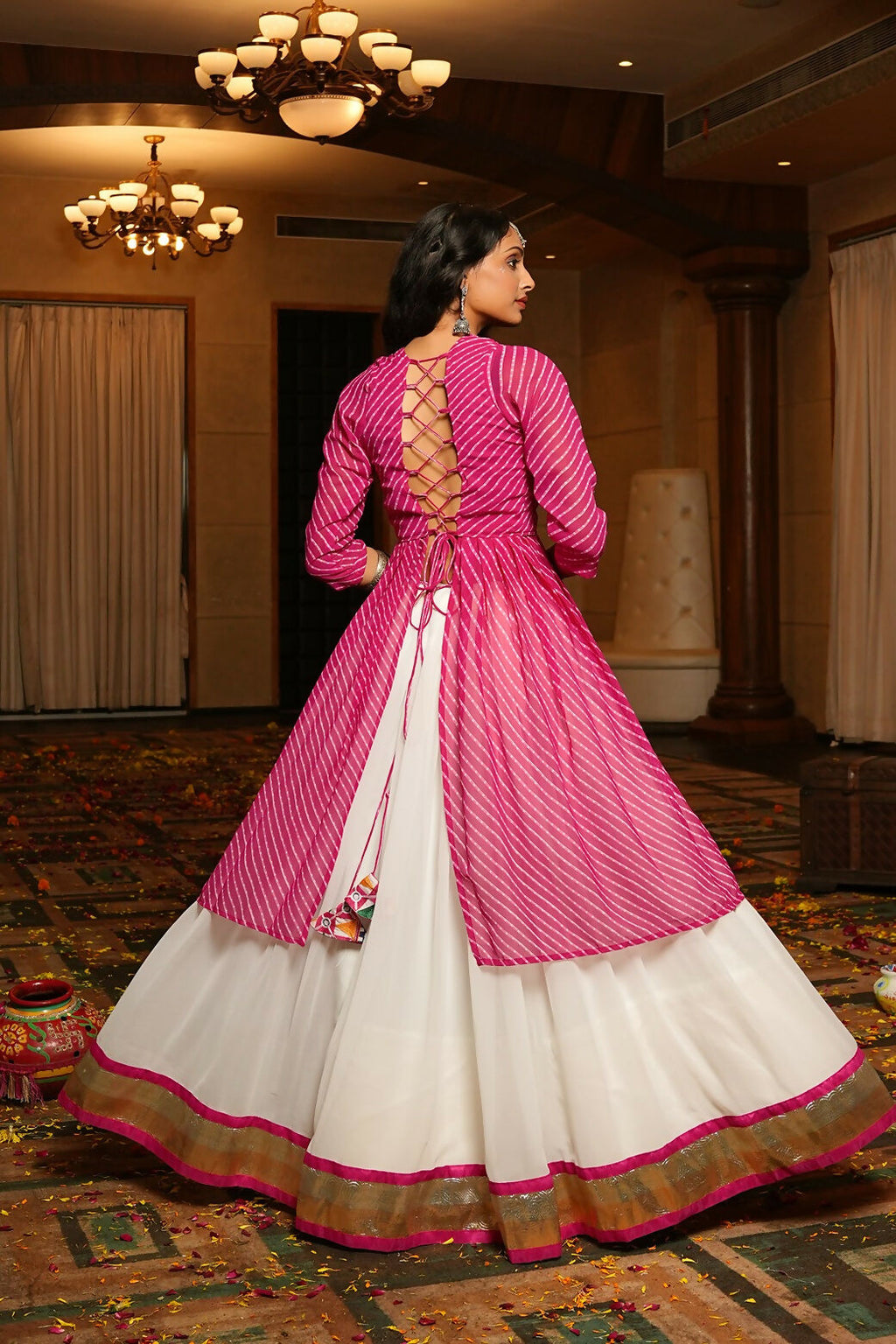 White Georgette Lehenga Choli with Pink Blouse for Navratri