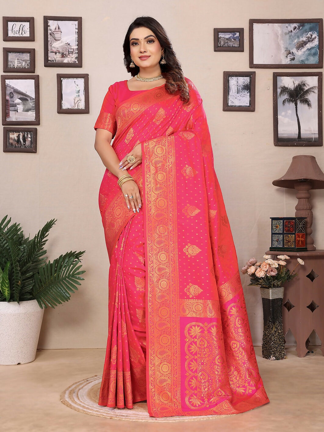 Banarasi style pink woven soft silk saree with matching blouse fabric