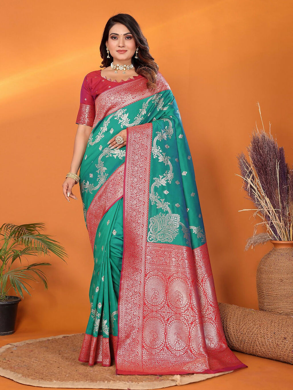 Elegant Pine Green Banarasi soft silk saree featuring traditional woven designs