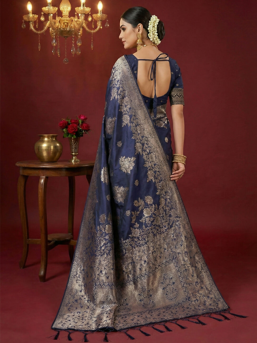 Navy Blue Silk Blend Saree for Formal Occasions