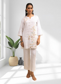 Off white linen cord set with delicate embroidery and split V-neck detail