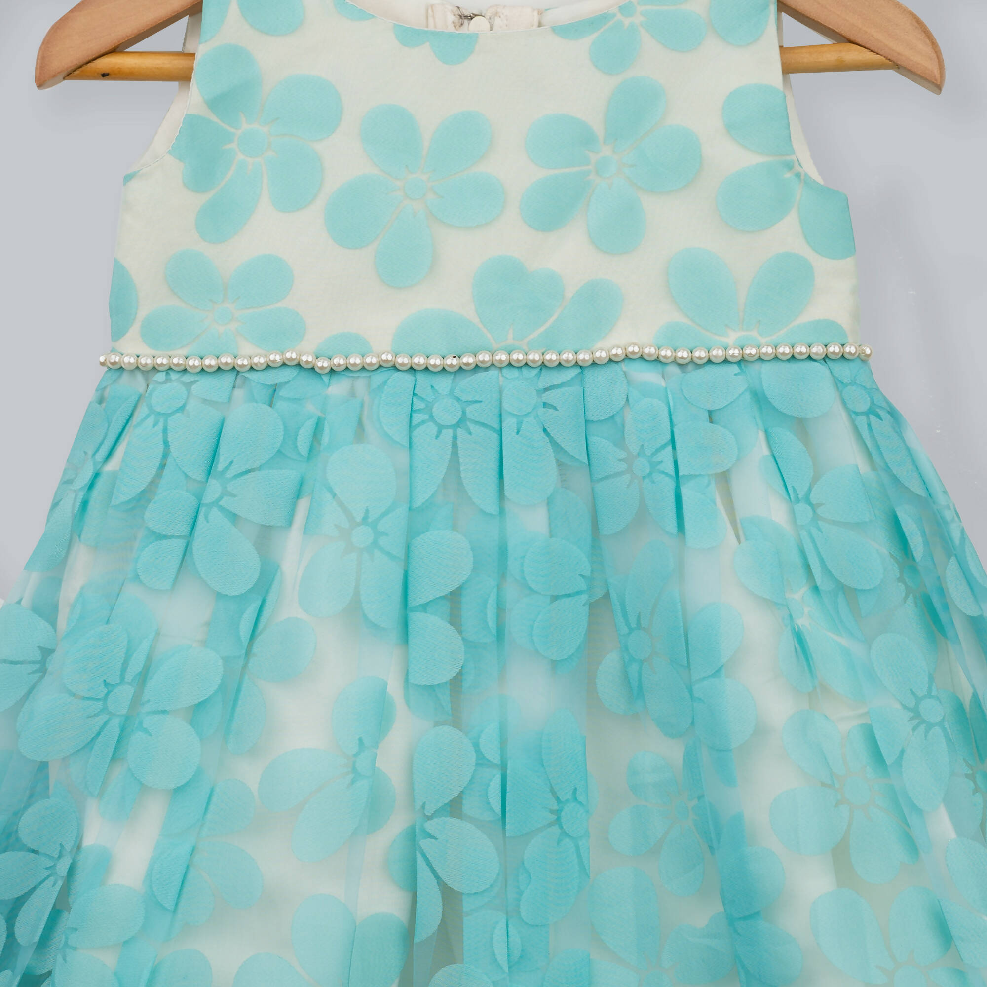 White & Blue Floral Organza Dress with Pearls and Bow