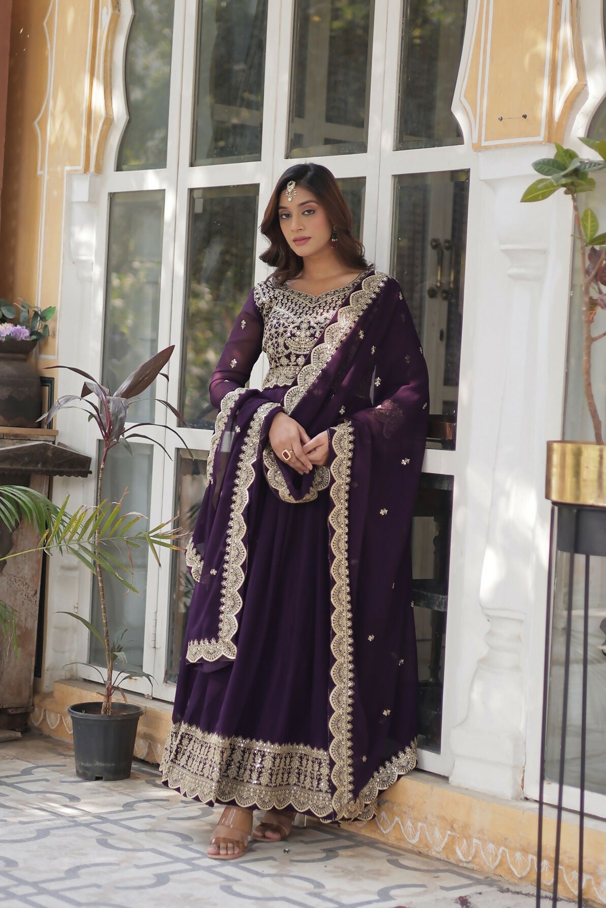 Joban Fashion Wine Georgette Sequence Embroidery Work Kurta Set