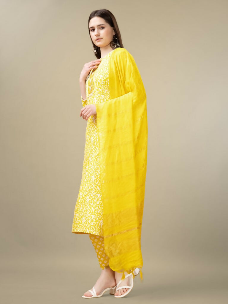 Women's Yellow Rayon Embroidered Straight Kurta with Trouser & Dupatta