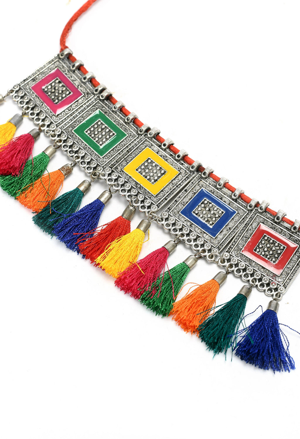 Multi-Color Oxidised Silver-Plated Brass Tassel Choker