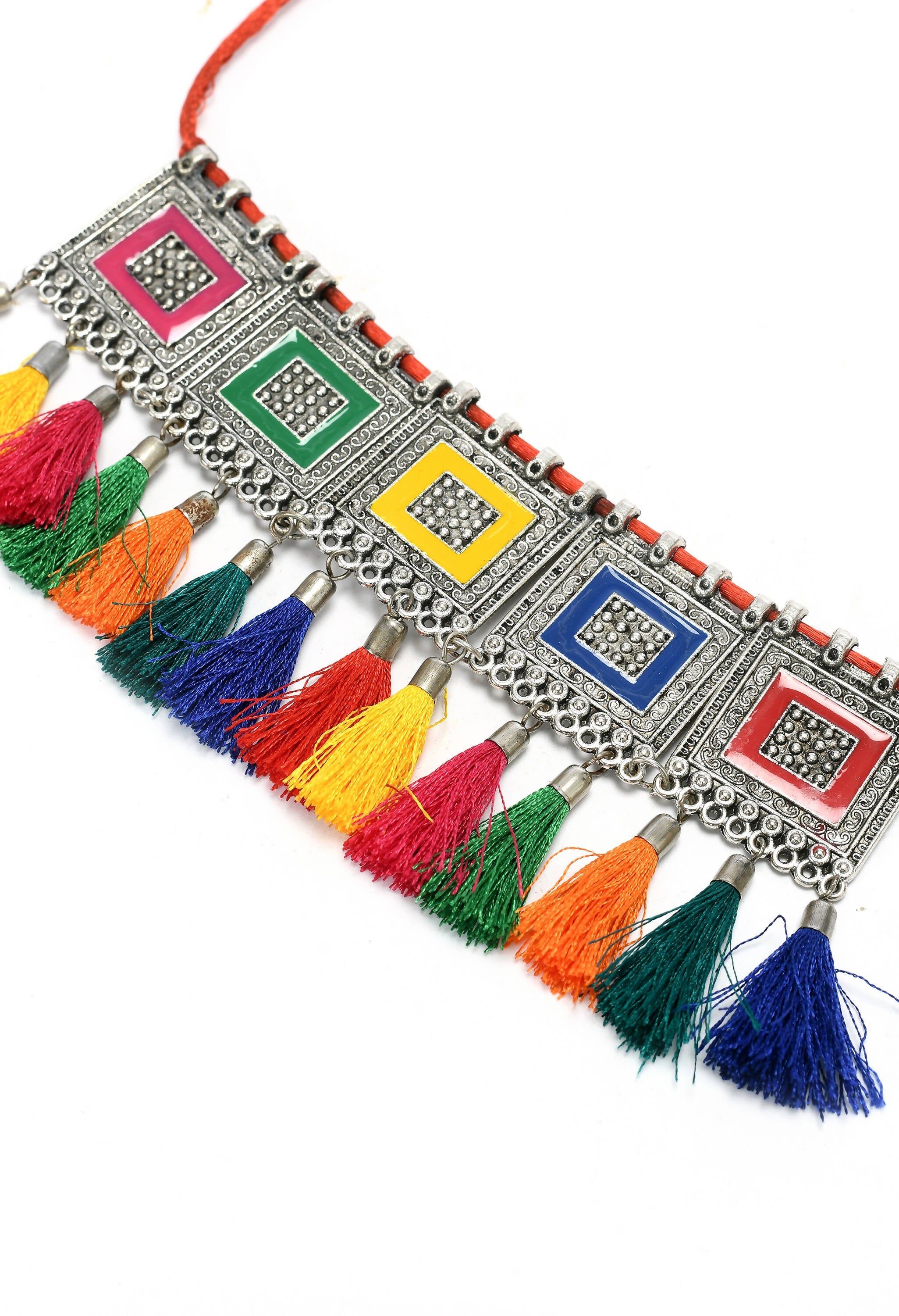 Multi-Color Oxidised Silver-Plated Brass Tassel Choker
