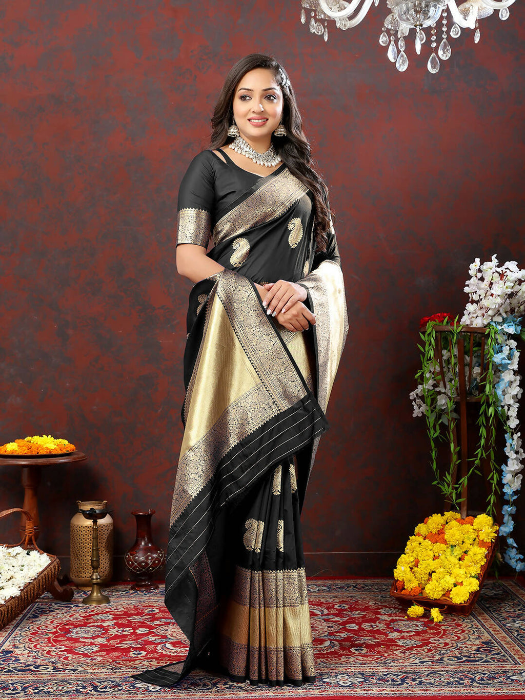 Black Soft Silk Saree with Gold Zari Weaving and Silk Blouse