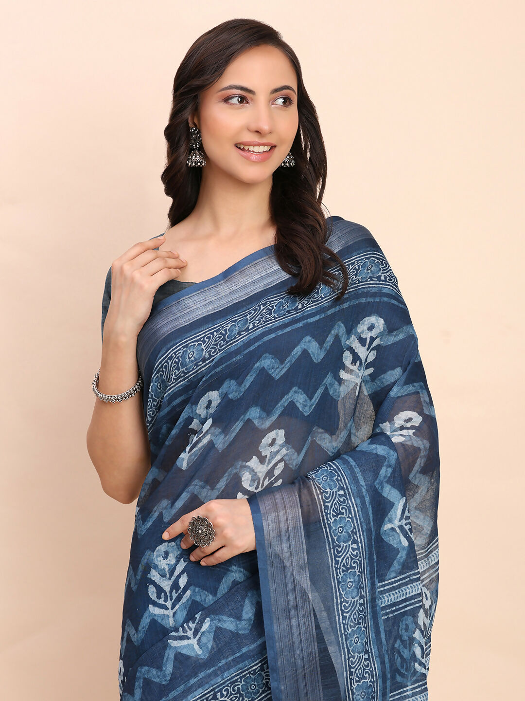 Shree Shyam Fashion Linen Cotton Indigo Blue Saree