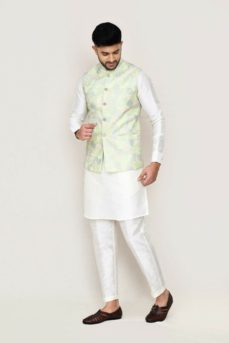 Men's Green Art Silk Embroidered Ethnic Jacket for Weddings