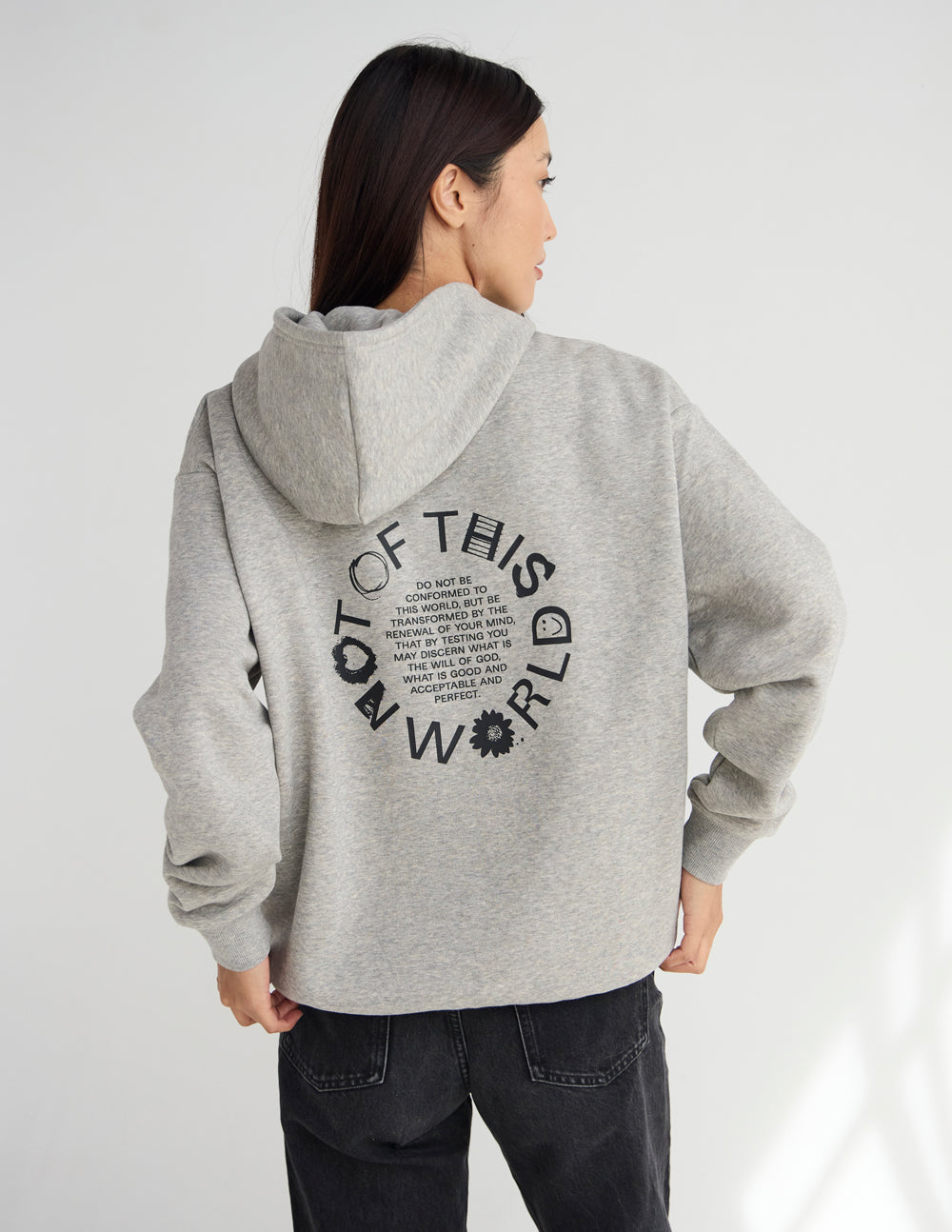 Not of This World Unisex Hoodie in Heather Greige with Romans 12:2 scripture print