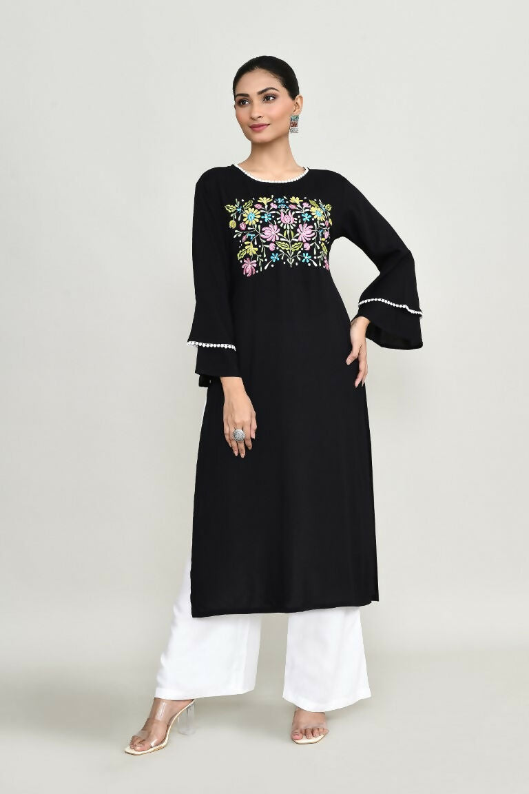 Solid black rayon kurta set with matching pants