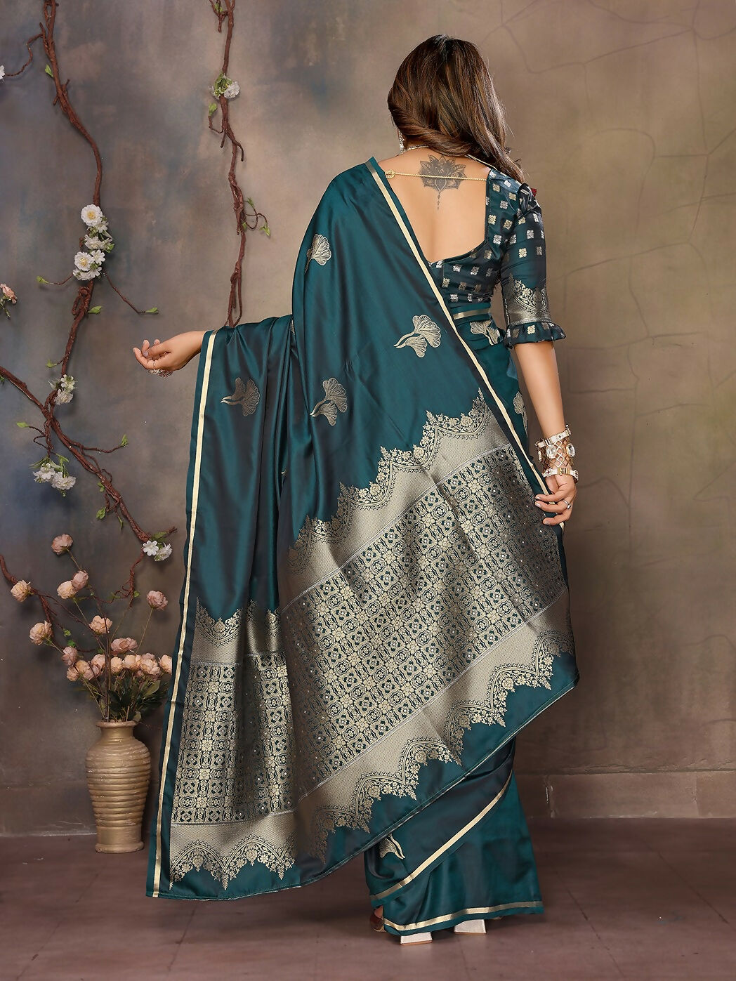 Teal Floral Banarasi Silk Saree with Matching Unstitched Blouse