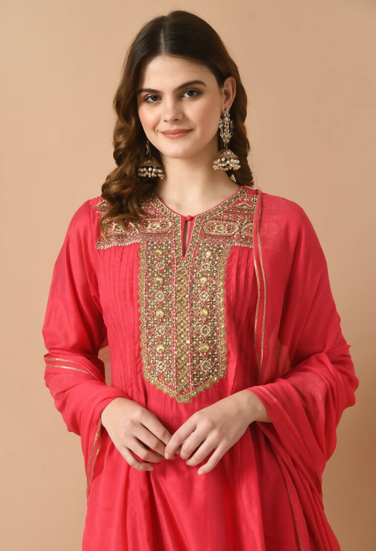 Red Chanderi Kurta Set with Organza Dupatta - 3 Piece Festive Wear