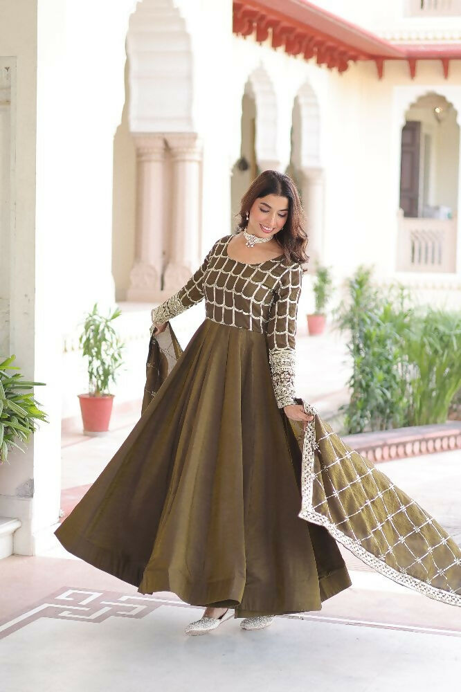 Mehndi Silk Kurta Set with Sequins and Thread Embroidery