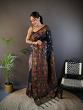 Elegant black soft silk saree featuring intricate Meena weaves with an unstitched blouse piece