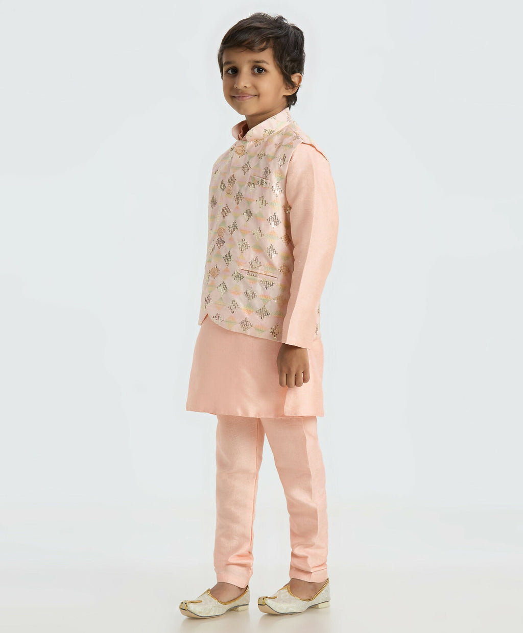 Boys' Traditional Peach Kurta Pyjama Set with Nehru Jacket